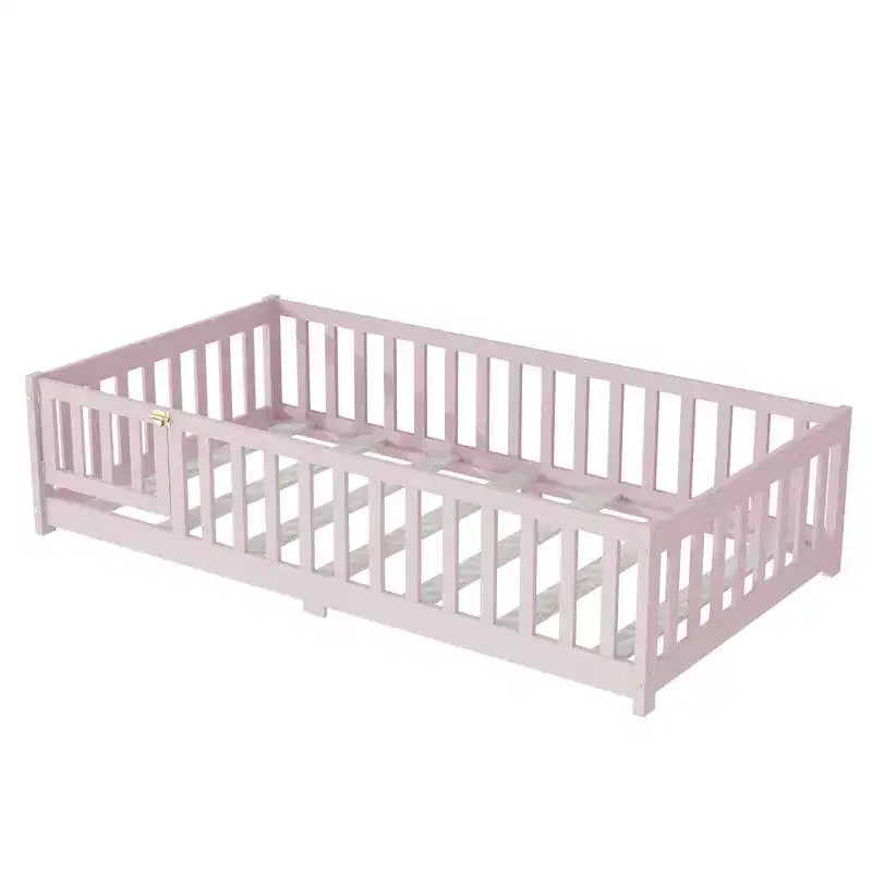 Cama individual de plataforma baja rosa con barandillas