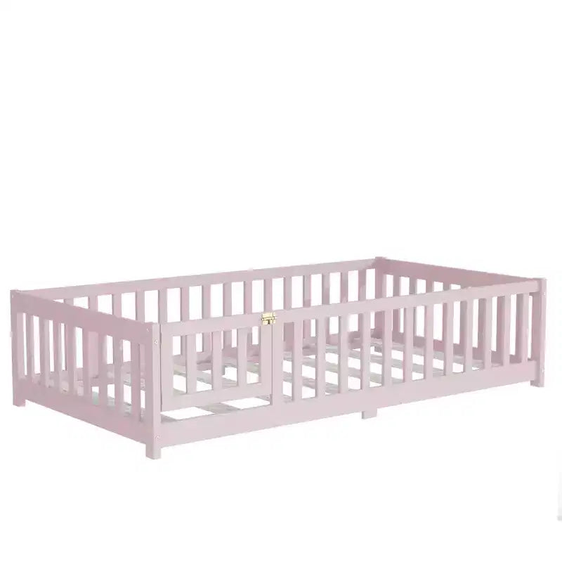 Cama individual de plataforma baja rosa con barandillas