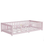 Cama individual de plataforma baja rosa con barandillas
