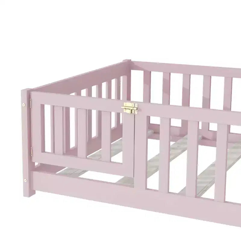 Cama individual de plataforma baja rosa con barandillas