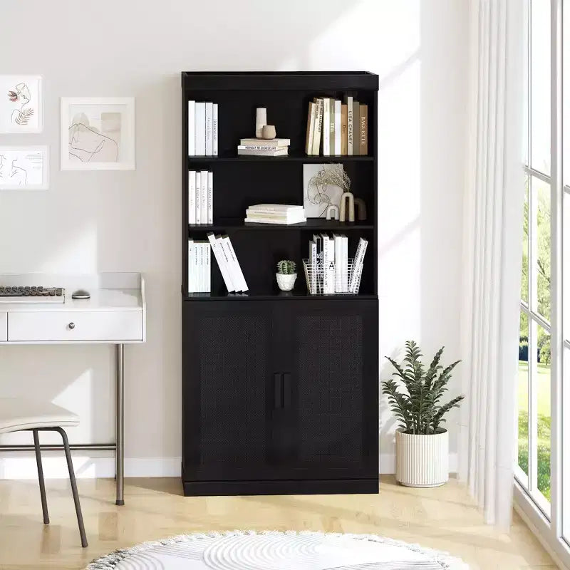 Mueble Armario Librería de 2 Puertas, Grano de Madera Negro y Marrón, Montaje por 1 Persona