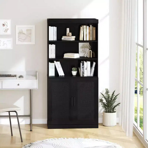 Mueble Armario Librería de 2 Puertas, Grano de Madera Negro y Marrón, Montaje por 1 Persona