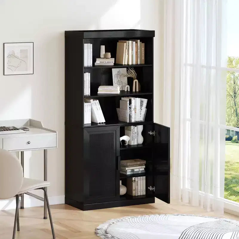 Mueble Armario Librería de 2 Puertas, Grano de Madera Negro y Marrón, Montaje por 1 Persona