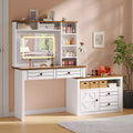 Vanity Mirror with Lights, Makeup Vanity Desk with 5 Drawers, 6 Open Storage Shelves, Large Extendable Dressing Table with Charging Station, Glass Top