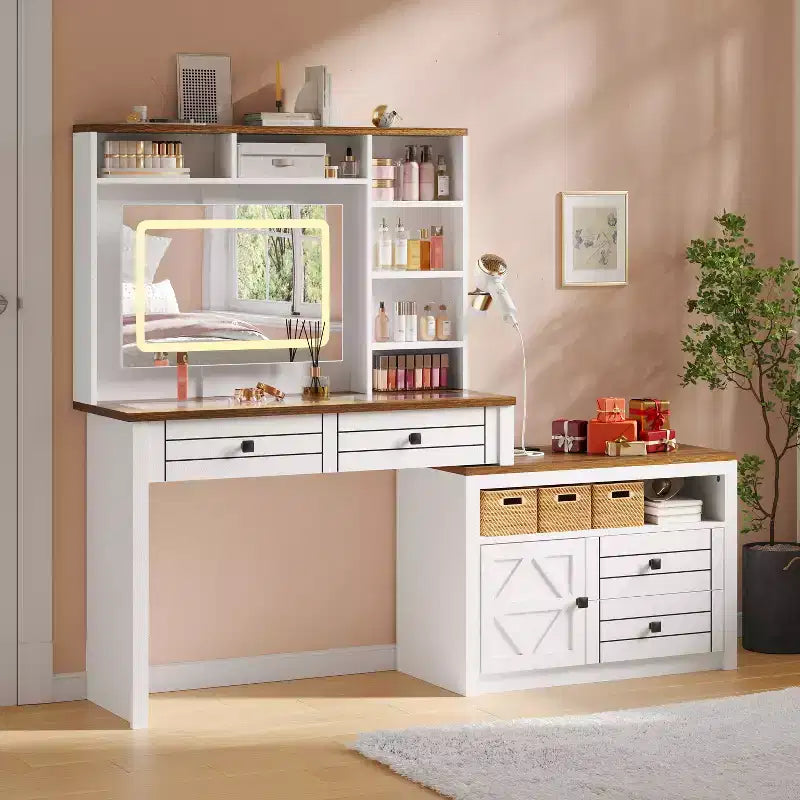Vanity Mirror with Lights, Makeup Vanity Desk with 5 Drawers, 6 Open Storage Shelves, Large Extendable Dressing Table with Charging Station, Glass Top