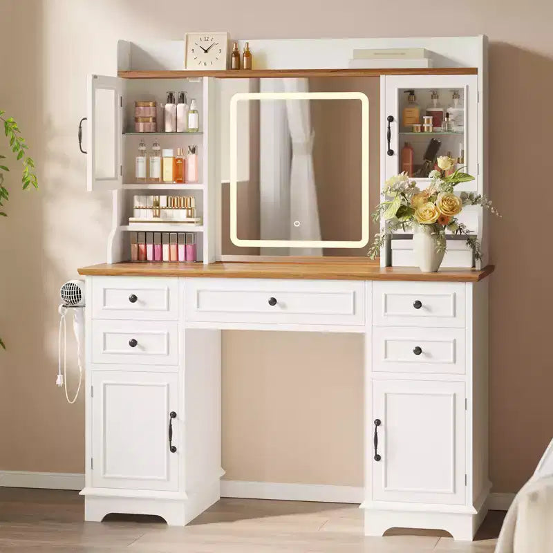 Vanity Desk with LED Lighted Mirror, Makeup Vanity Table with 5 Drawers, 4 Doors, and 3 Storage Shelves for Bedroom, Dressing Room