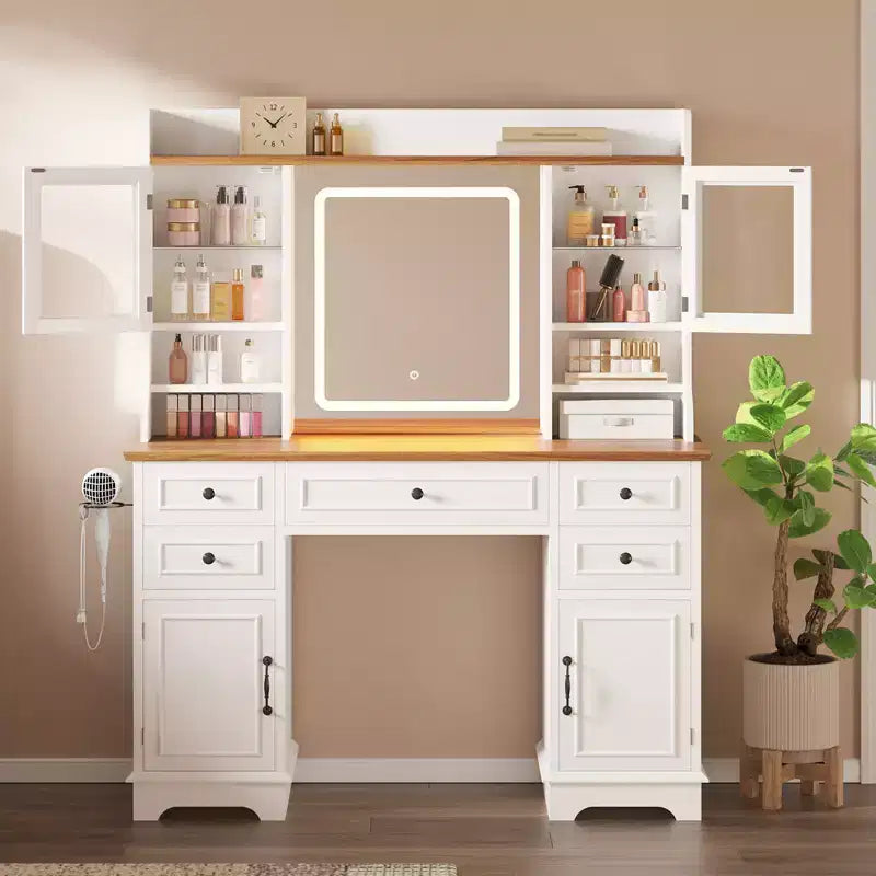 Tocador de madera blanca con LED, espejo y un asiento