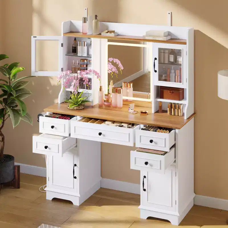 Tocador de madera blanca con LED, espejo y un asiento