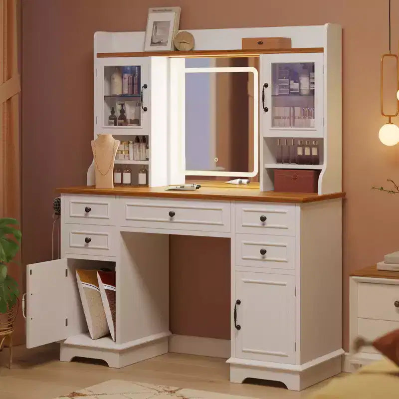 Tocador de madera blanca con LED, espejo y un asiento