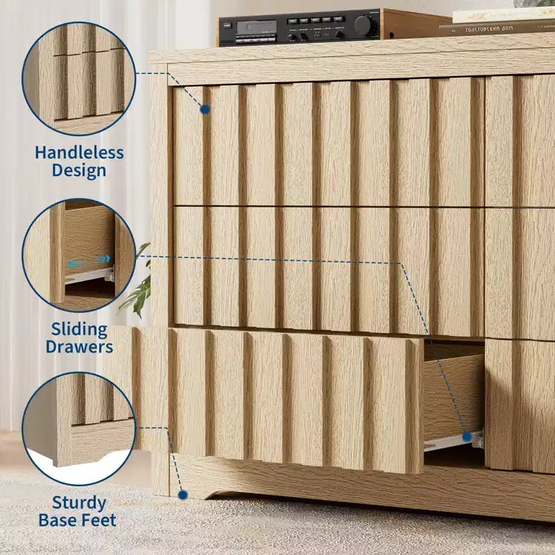 Cómoda acanalada blanca de 6 cajones, de mediados de siglo moderna, almacenamiento para dormitorio de adultos y niños