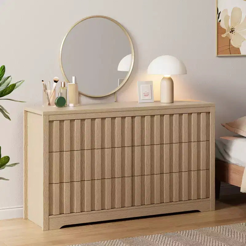 Cómoda acanalada blanca de 6 cajones, de mediados de siglo moderna, almacenamiento para dormitorio de adultos y niños