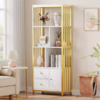 Acekool 62 Gold & White Bookcase with 4 Shelves, 3 Drawers, and Door, Metal Frame Storage for Office & Living Room