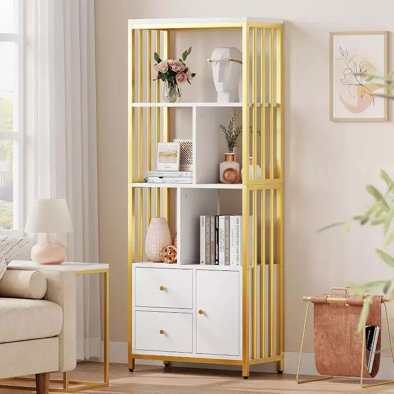 Acekool 62 Gold & White Bookcase with 4 Shelves, 3 Drawers, and Door, Metal Frame Storage for Office & Living Room