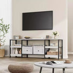 Mueble de TV industrial marrón/blanco con 2 cajones, estante abierto, estructura de metal, de 160 cm a 200 cm de ancho, para 1 a 3 personas