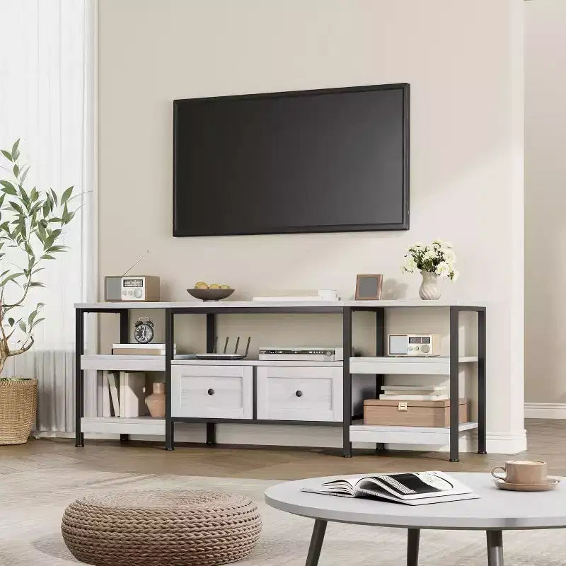 Mueble de TV industrial marrón/blanco con 2 cajones, estante abierto, estructura de metal, de 160 cm a 200 cm de ancho, para 1 a 3 personas