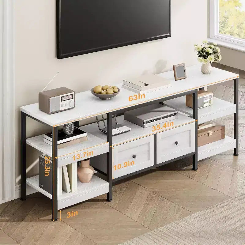 Mueble de TV industrial marrón/blanco con 2 cajones, estante abierto, estructura de metal, de 160 cm a 200 cm de ancho, para 1 a 3 personas