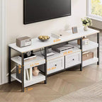 Mueble de TV industrial marrón/blanco con 2 cajones, estante abierto, estructura de metal, de 160 cm a 200 cm de ancho, para 1 a 3 personas