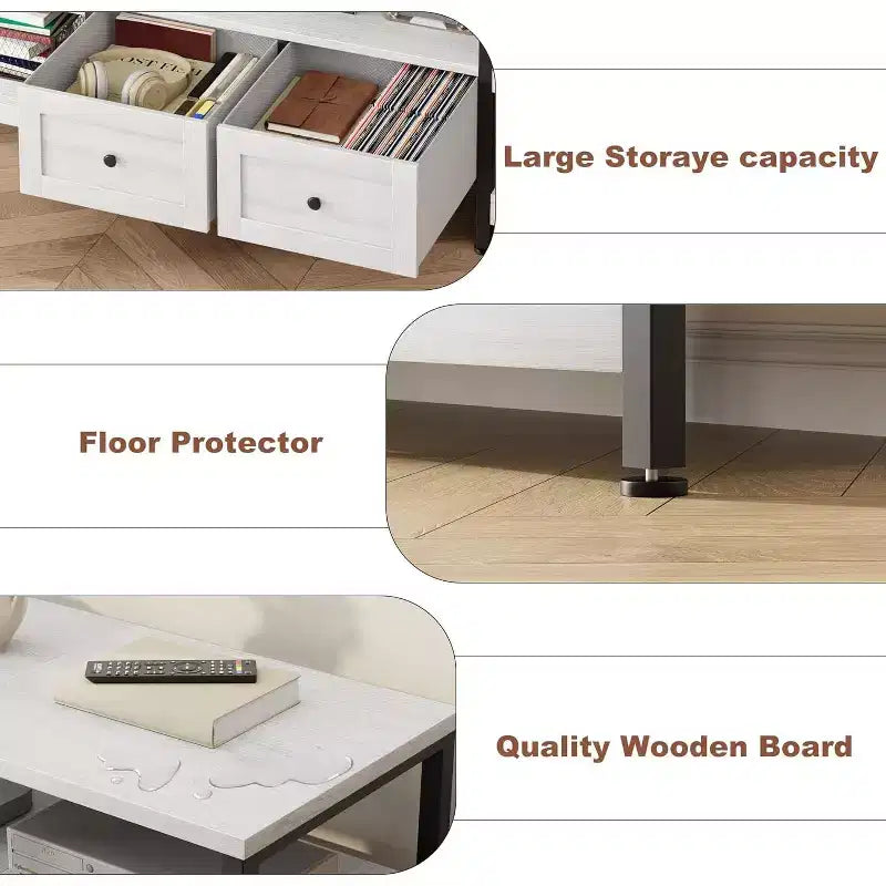 Mueble de TV industrial marrón/blanco con 2 cajones, estante abierto, estructura de metal, de 160 cm a 200 cm de ancho, para 1 a 3 personas