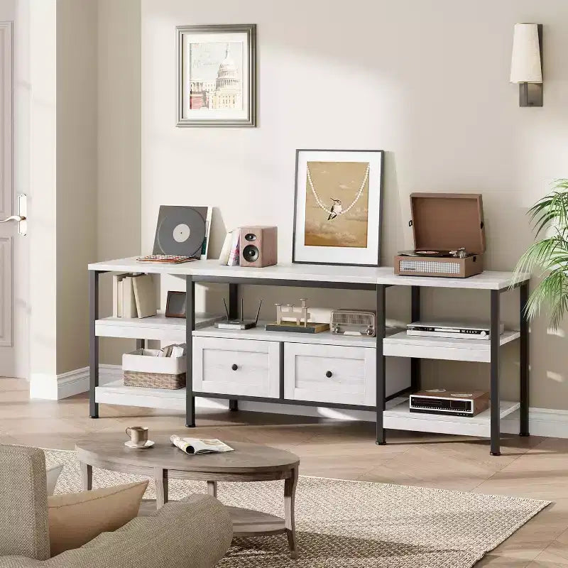 Mueble de TV industrial marrón/blanco con 2 cajones, estante abierto, estructura de metal, de 160 cm a 200 cm de ancho, para 1 a 3 personas