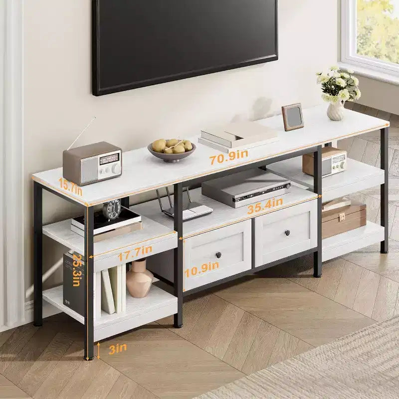 Mueble de TV industrial marrón/blanco con 2 cajones, estante abierto, estructura de metal, de 160 cm a 200 cm de ancho, para 1 a 3 personas