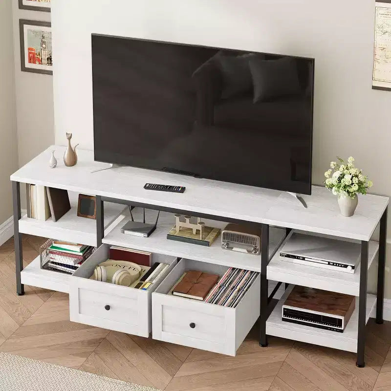 Mueble de TV industrial marrón/blanco con 2 cajones, estante abierto, estructura de metal, de 160 cm a 200 cm de ancho, para 1 a 3 personas