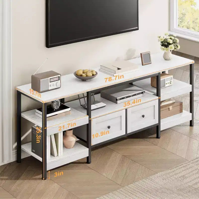 Mueble de TV industrial marrón/blanco con 2 cajones, estante abierto, estructura de metal, de 160 cm a 200 cm de ancho, para 1 a 3 personas