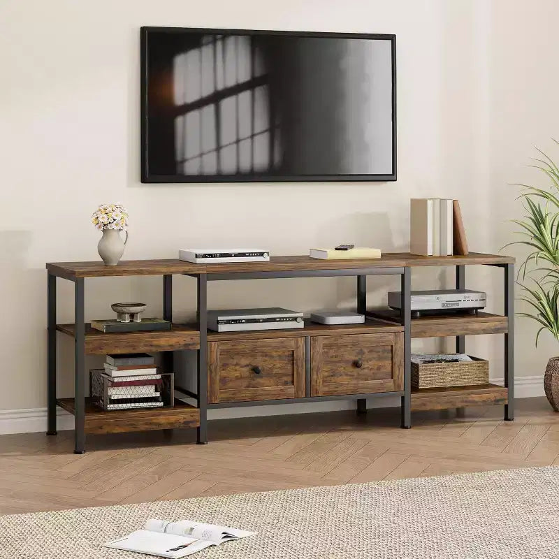 Mueble de TV industrial marrón/blanco con 2 cajones, estante abierto, estructura de metal, de 160 cm a 200 cm de ancho, para 1 a 3 personas