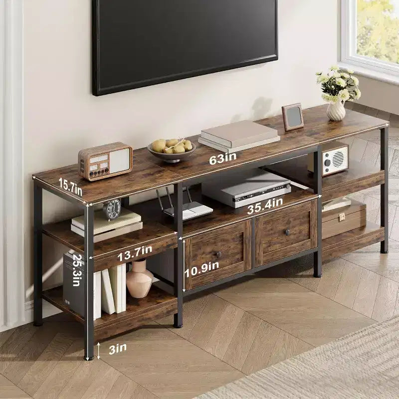 Mueble de TV industrial marrón/blanco con 2 cajones, estante abierto, estructura de metal, de 160 cm a 200 cm de ancho, para 1 a 3 personas