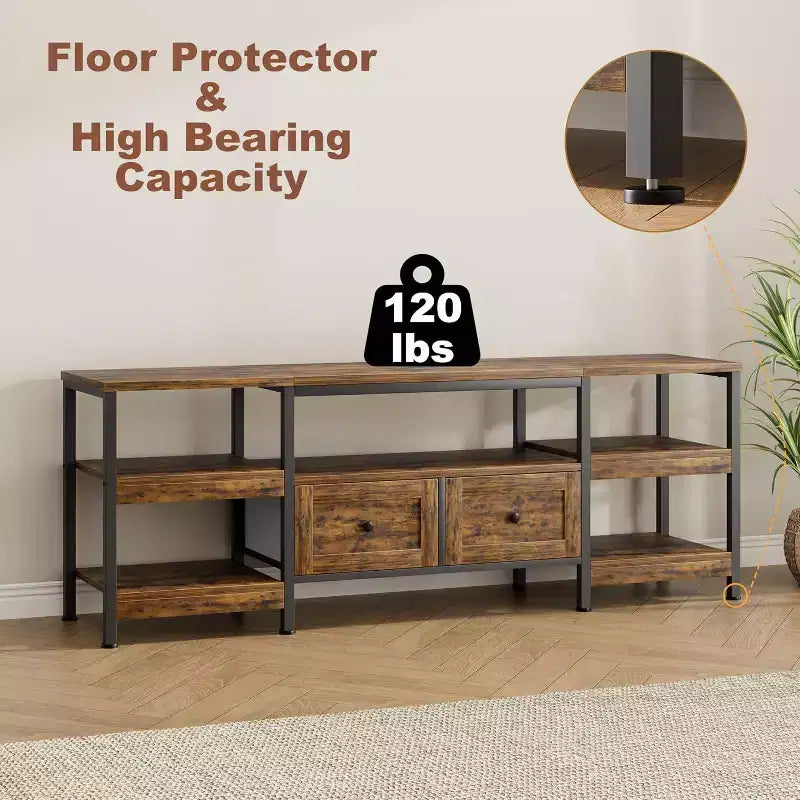 Mueble de TV industrial marrón/blanco con 2 cajones, estante abierto, estructura de metal, de 160 cm a 200 cm de ancho, para 1 a 3 personas