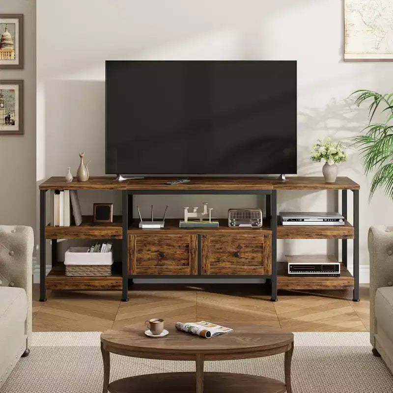 Industrial TV Stand with 2 Drawers, Entertainment Center, Rustic Media Console with Storage Shelves, Open Design & Metal Frame