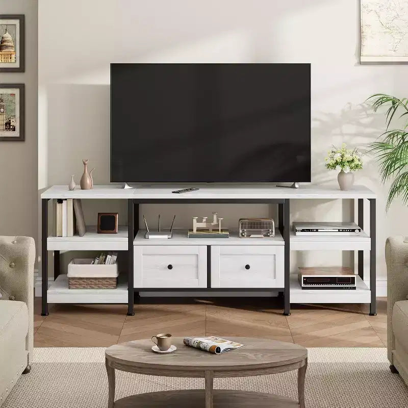 Mueble de TV industrial marrón/blanco con 2 cajones, estante abierto, estructura de metal, de 160 cm a 200 cm de ancho, para 1 a 3 personas