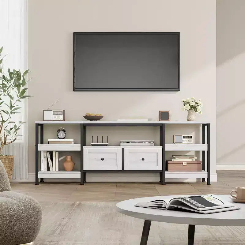 Mueble de TV industrial marrón/blanco con 2 cajones, estante abierto, estructura de metal, de 160 cm a 200 cm de ancho, para 1 a 3 personas