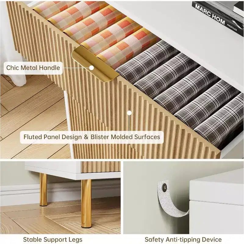 Cómoda de 5 cajones en negro/madera, estilo de rayas verticales, para uso individual