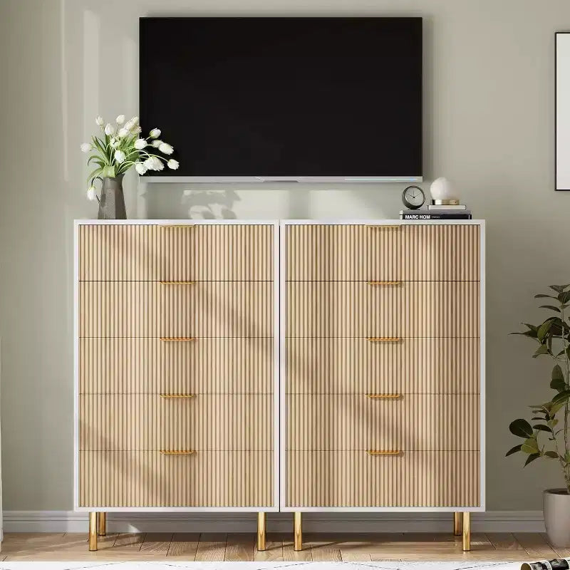 Cómoda de 5 cajones en negro/madera, estilo de rayas verticales, para uso individual