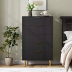 Cómoda de 5 cajones en negro/madera, estilo de rayas verticales, para uso individual