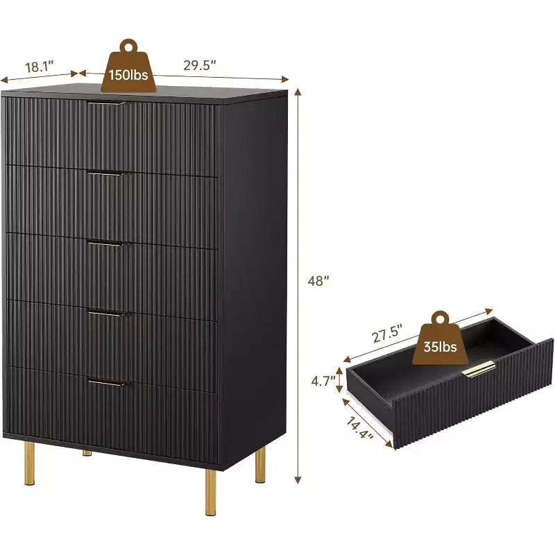 Cómoda de 5 cajones en negro/madera, estilo de rayas verticales, para uso individual