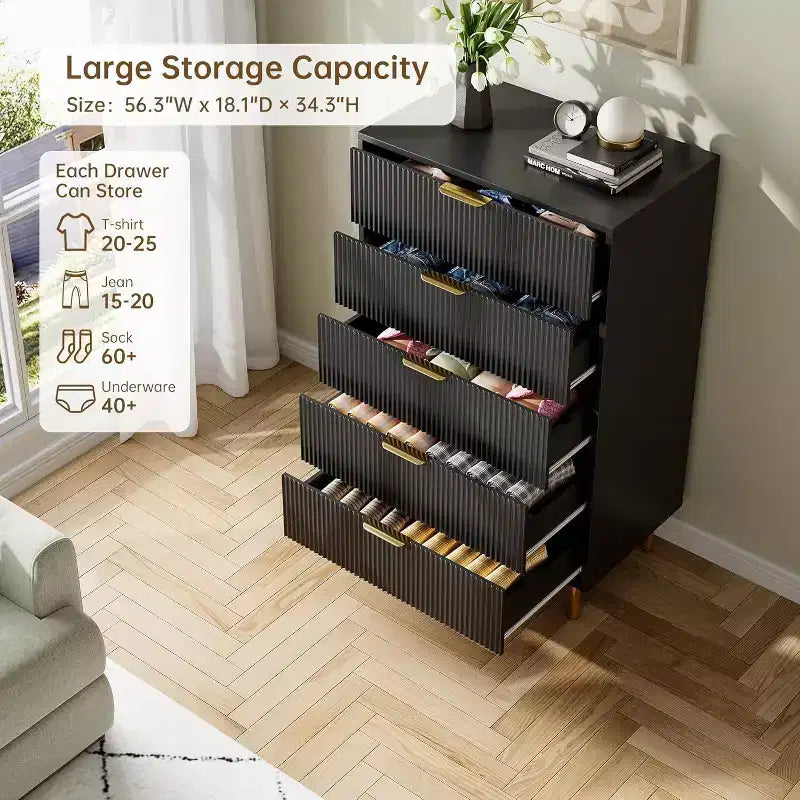 Cómoda de 5 cajones en negro/madera, estilo de rayas verticales, para uso individual