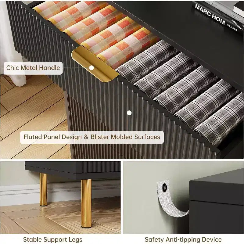 Cómoda de 5 cajones en negro/madera, estilo de rayas verticales, para uso individual