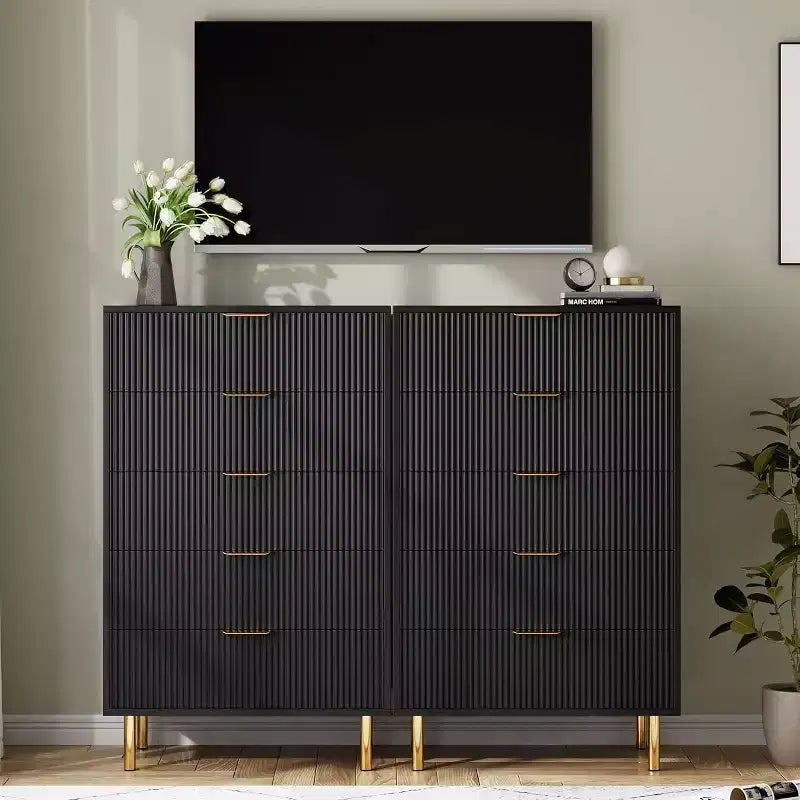 Cómoda de 5 cajones en negro/madera, estilo de rayas verticales, para uso individual