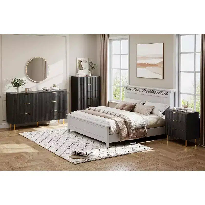 Cómoda de 5 cajones en negro/madera, estilo de rayas verticales, para uso individual