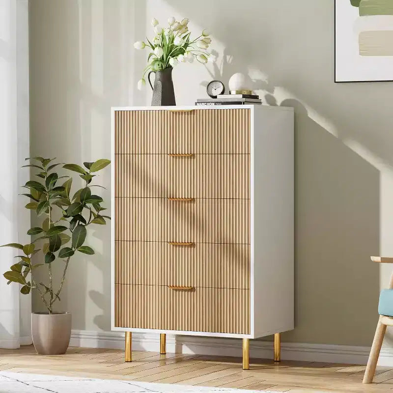 Cómoda de 5 cajones en negro/madera, estilo de rayas verticales, para uso individual