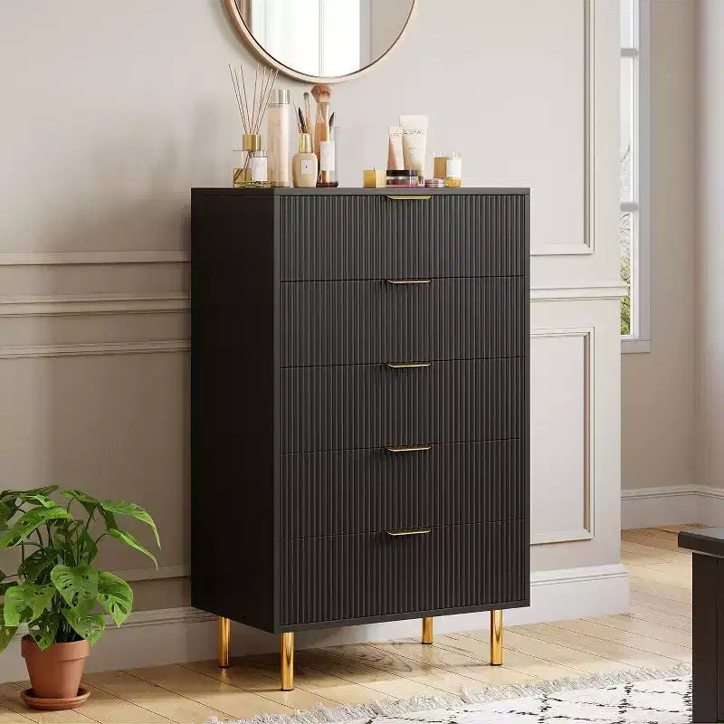 5 Drawer Dresser for Bedroom, with Gold Handle and 5 Large Drawer, Wood Chest of Drawers and Storage Organizer