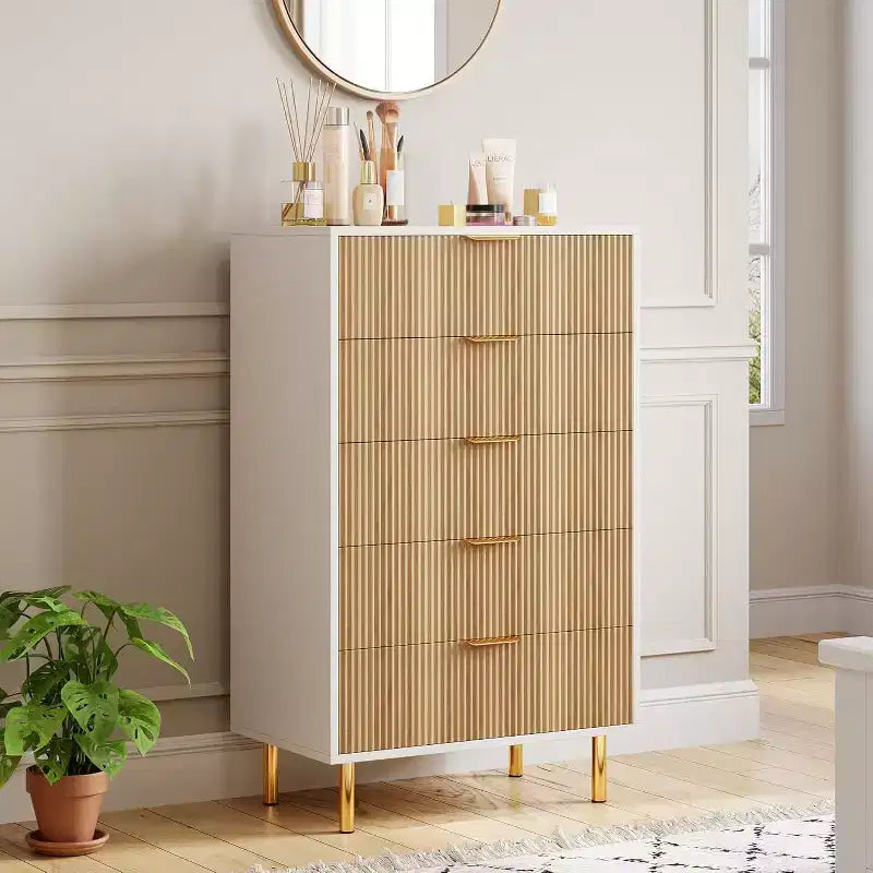 Cómoda de 5 cajones en negro/madera, estilo de rayas verticales, para uso individual