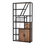 Estante de panadero de granja negro/marrón/gris – Soporte para microondas con toma de corriente, luz LED y botellero, montaje para 1 persona