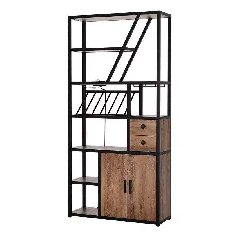 Estante de panadero de granja negro/marrón/gris – Soporte para microondas con toma de corriente, luz LED y botellero, montaje para 1 persona