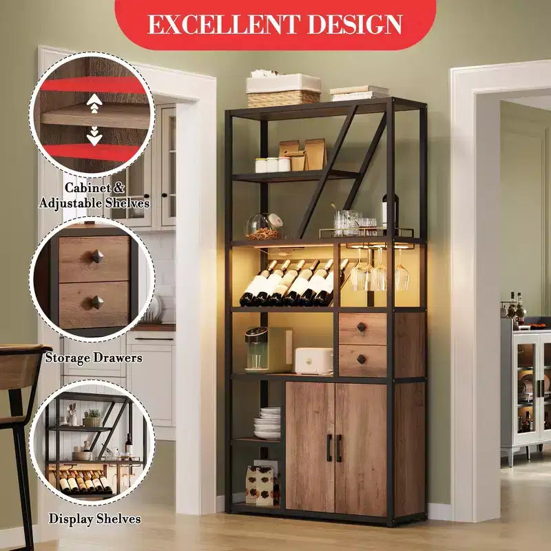 Estante de panadero de granja negro/marrón/gris – Soporte para microondas con toma de corriente, luz LED y botellero, montaje para 1 persona