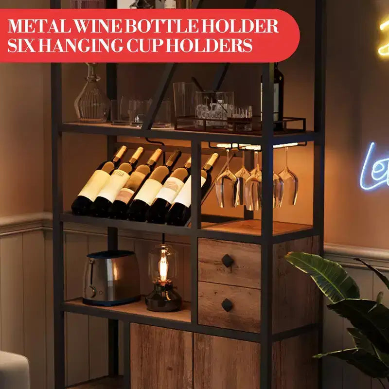 Estante de panadero de granja negro/marrón/gris – Soporte para microondas con toma de corriente, luz LED y botellero, montaje para 1 persona