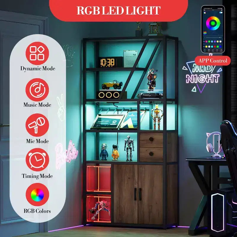 Estante de panadero de granja negro/marrón/gris – Soporte para microondas con toma de corriente, luz LED y botellero, montaje para 1 persona