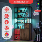 Estante de panadero de granja negro/marrón/gris – Soporte para microondas con toma de corriente, luz LED y botellero, montaje para 1 persona