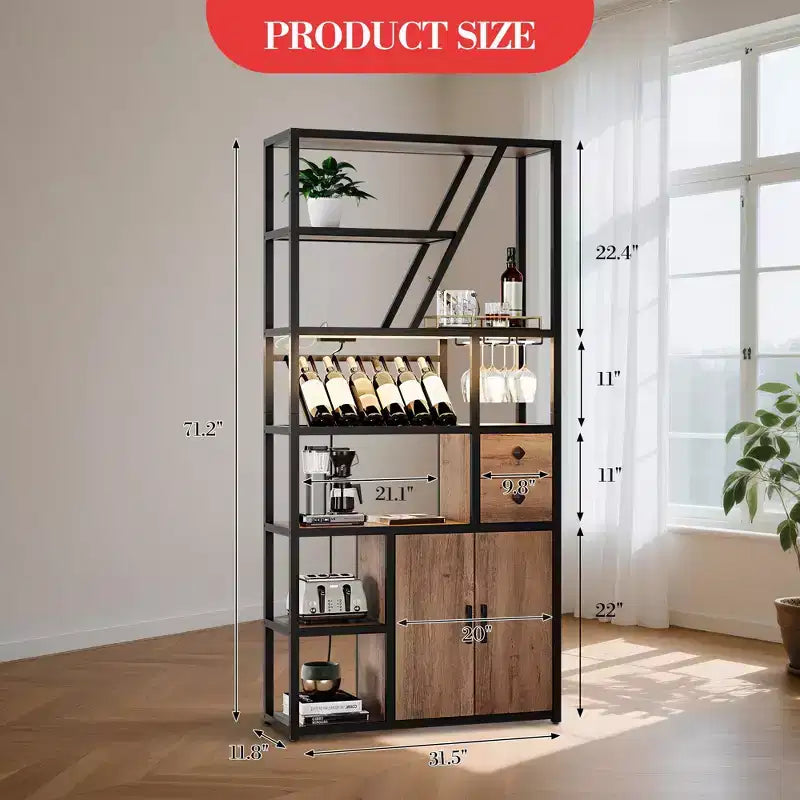 Estante de panadero de granja negro/marrón/gris – Soporte para microondas con toma de corriente, luz LED y botellero, montaje para 1 persona